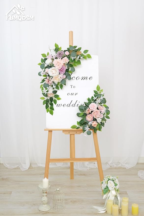 Faux Flowers Wedding Welcome Signs Floral(Pack of 2)，Wedding Arch Flowers for Decorations and Reception Backdrop Decoration (Pink)