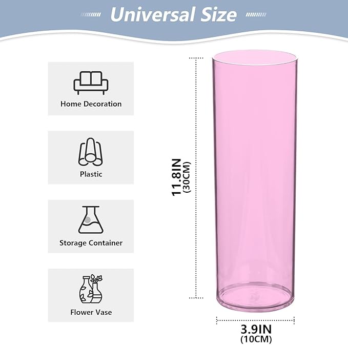 Flower Vase Clear Plastic Cylinder Vases Decor for Centerpieces Home Storage Office Weddings Pink 11.8 x 3.9 in