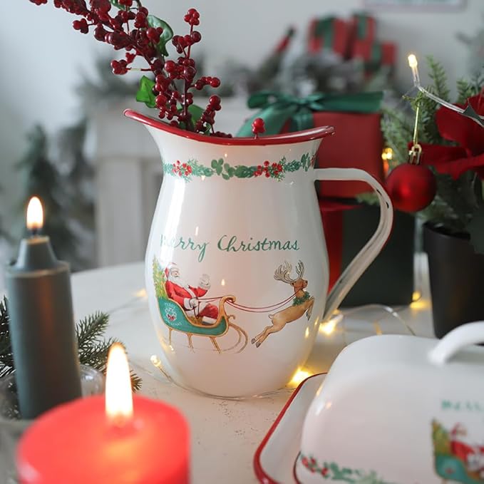 Festive Santa Claus Enamel Vintage Pitcher Vase for Flowers Christmas Decorations Xmas,7.9" L x 5.3" W x 7.5" H Rustic Pitcher Vase,Farmhouse Decor for Kitchen Table Centerpiece,Living Room,Bedroom