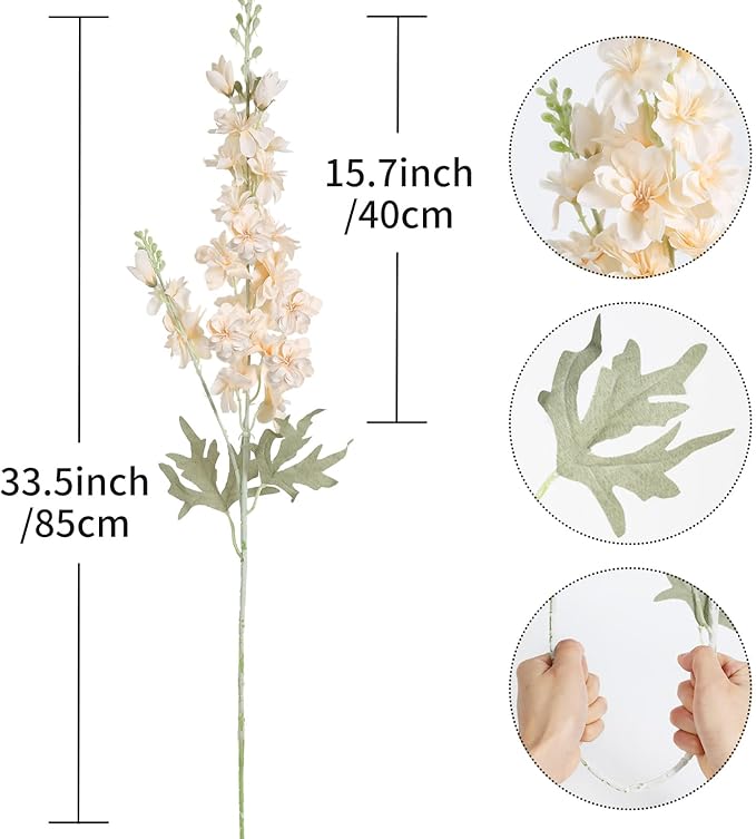 8pcs Delphinium Artificial Flowers 33.5in Long Stem Larkspur Fake Silk Flowers for Tall Vase Faux Flowers for Home Wedding Baby Shower Floral Arrangement Centerpiece Table Decoration (Champagne)