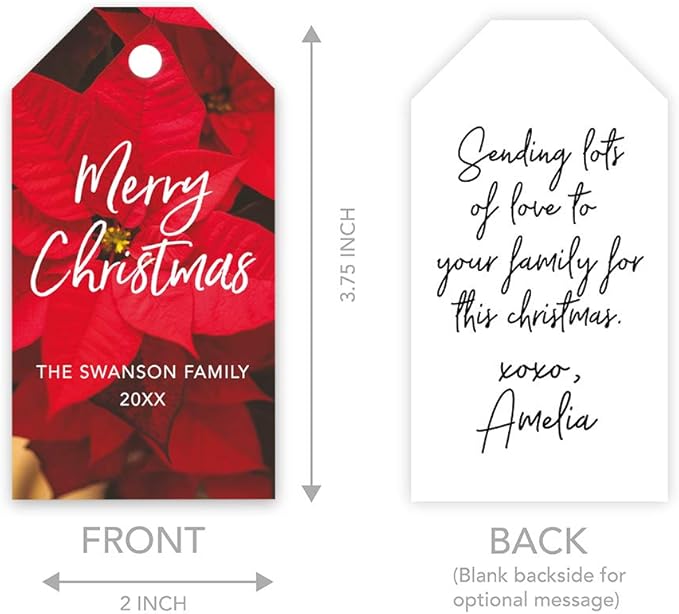 Andaz Press Personalized Christmas Holiday Season Classic Gift Tags, Merry Christmas Custom Family Name and Year, Poinsettia Design, for Holiday Events, Parties, and Favors, 60-Pack