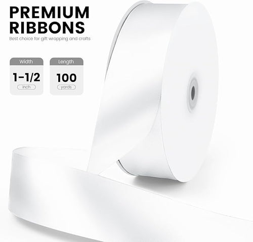 1-1/2" x 100 Yards Satin Ribbon - Wide Silk White Ribbon with Spool - Ideal for Gift Wrapping, Floral Bouquets, Crafts, Wedding Party Decorations, Christmas and Sewing Projects