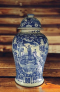 19" Antique Like Finish Blue and White Ginger Jars Porcelain Temple Ceramic Ginger Jar Vase, Antient Warriors China Ming Style, Jingdezhen(L4)