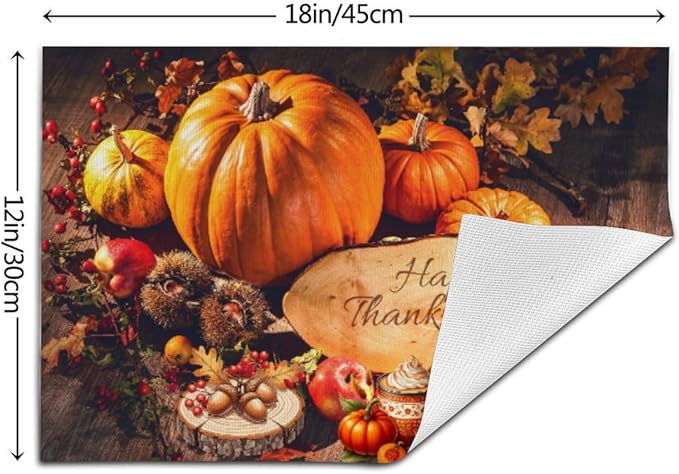 PVC Placemats Set of 1 Wipeable Table Mats Washable Heat Resistant Non Slip Vinyl Dining Table Mat for Kitchen Indoor Outdoor Patio Farmhouse Place Mats Thanksgiving Pumpkin Decorate Decorative