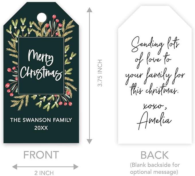 Andaz Press Personalized Christmas Holiday Season Classic Gift Tags, Merry Christmas Custom Family Name and Year, Christmas Square Wreath Design, for Holiday Events, Parties, and Favors, 60-Pack