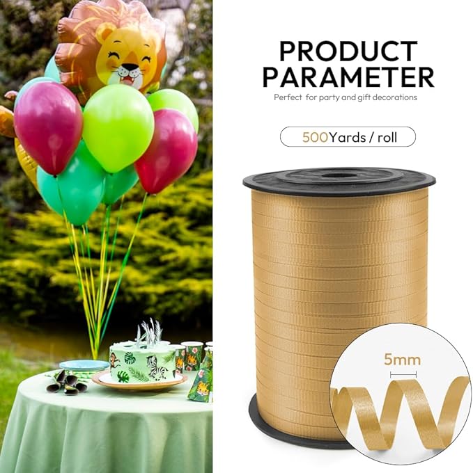 500 Yards Curling Ribbon with Spool, 1/5" Wide Crimped Texture Curling Ribbons - Perfect for Gift Box Wrapping, Florist Flowers, Birthday Party Decorations, and Balloon String Ribbon in Gold
