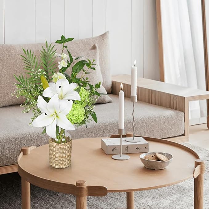 Hollyone Fake Flowers with Vase, Easter Lily Flowers, White Silk Tiger Lily and Hydrangea Artificial Flowers in Vase, Faux Plants and Flowers Arrangement Bouquets for Table Centerpieces Home Decor
