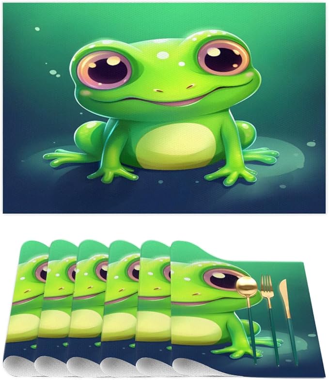 Frog Animal Green Placemats Set of 6 PVC Vinyl Non Slip Table Mats Waterproof Heat Resistant Place Mats Washable Wipeable Dining Table Mat for Kitchen Party Farmhouse Indoor Outdoor Decorative