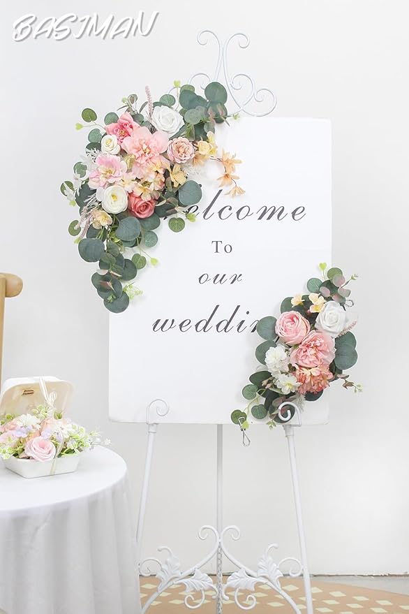 2pcs Wedding Arch Flowers,Wedding Artificial Sign Flower,Welcome Easel Door Decor Wall swags for Reception Backdrop Table Decorations Welcome Sign (Deep Pink)