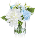 WELL KNOWN Artificial Flowers in Glass Vase with Fake Water, Silk Rose Dahlia Flower Bouquet for Home Dinning Tea Table, Office Desktop, Hotel, Wedding, Party, Lavatory Decor & Gift (Blue & White)