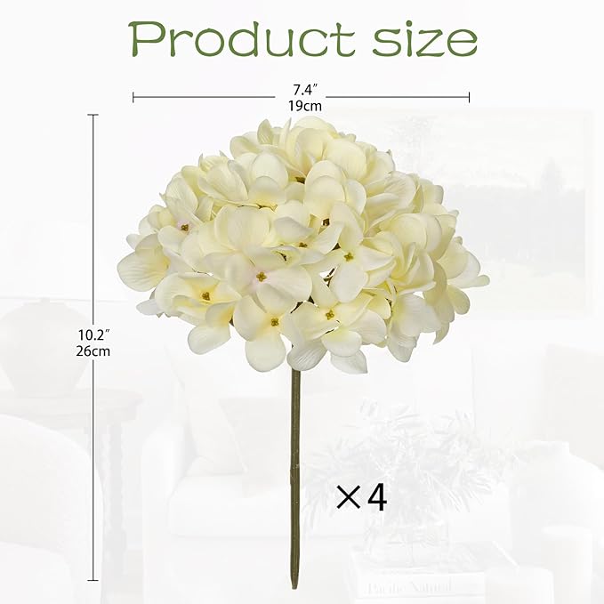 Hollyone White Silk Hydrangea Artificial Flowers Heads 7.4inch Large Fake Hydrangea 4Pcs Full Faux Flowers with Stems for Wedding Party Table Centerpieces Flower Arrangement Home Decor