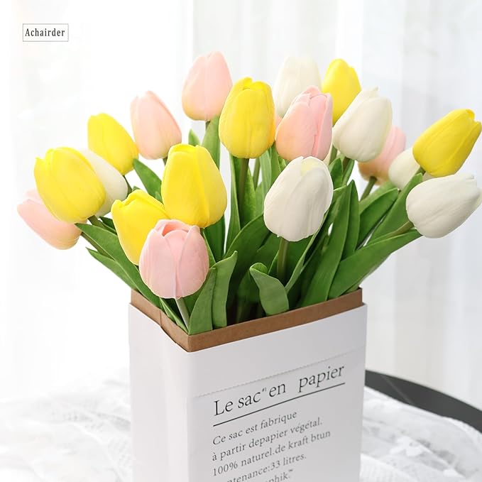 30pcs Tulips Artificial Flowers, Artificial Latex Real Touch Tulips Flowers Bouquet for Mother's Day Easter Wedding Party Home Decor-Mix 3 Color