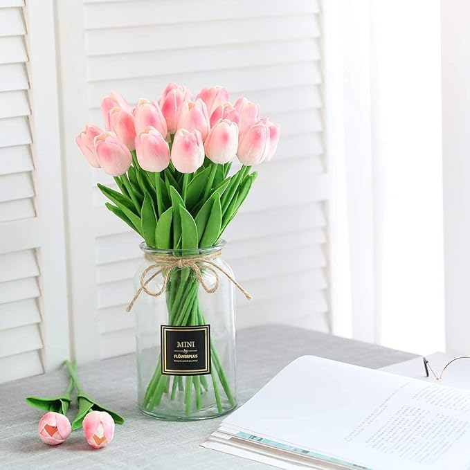 30 Pcs Fake Latex Tulips Artificial Flowers Real Touch Tulips for Spring Decorations for Home, Wedding Party Decorations (Pink)