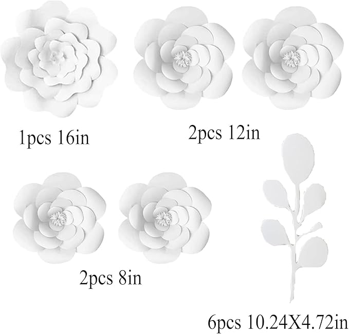 Party Paper Flower Decorations Need Assembled 3D Paper Flowers with Leaves Wall Backdrop Decor Large Paper Flower Decoration(White Set) Wedding Bridal Shower Nursery Baby Shower Wall Flowers Decor