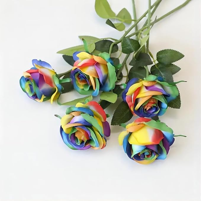 Laelfe 12 PCS Artificial Flowers Rainbow Roses Silk Flowers Fake Long Stem Artificial Colorful Roses for Christmas Home Wedding Bathroom Kitchen Decorations (Colorful)