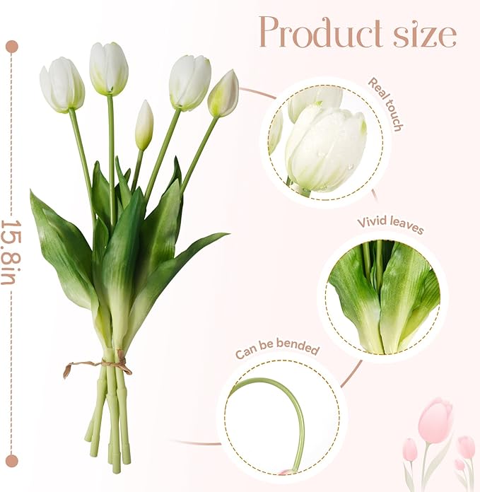 15Pcs Fake Tulips Artificial Flowers Real Touch Latex Bouquet Faux Tulips for Centerpiece Arrangements Wedding Party Home Décor (White)