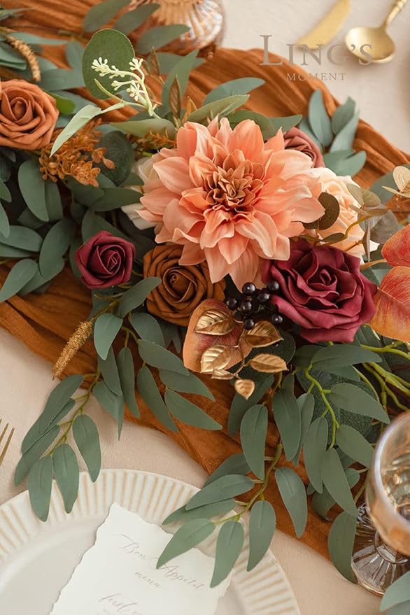 Ling's moment Terracotta Flower Garland - 6FT Eucalyptus & Rose - Sweetheart Table Decor for Wedding Reception, Fall Artificial Floral Garland for Mantle, Christmas Decoration, Burnt Orange