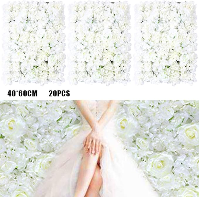 20 Pack Flowers Wall Panels Artificial Floral Wall Mat Handmade 3D Silk Rose Hydrangea Dahlia Floral Panels for Photo Background Home Party Wedding Backdrop Decoration, 24 x 16 inch (C)