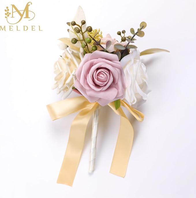 Meldel Set of 6 Wedding Flowers Fake Rose Mini Bridesmaid Bride Bouquets Dusty Pink Ivory Small Floral Wedding Centerpieces Decor Artificial Flower Arrangements for Tables Home Party Decorations