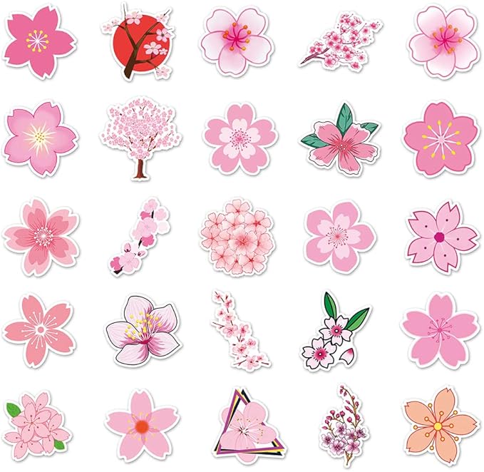 Sakura Stickers for Teens Boy Girls Kids|50 Pcs|Bright Vinyl Waterproof Stickers for Laptop Phone Luggage Flasks Water Bottle Bike Car Notebook Tablet,Aesthetic Cartoon Flowers Decals Pack(Sakura)