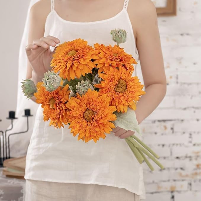 Kimura's Cabin 5Pcs Fake Sunflowers Artificial Silk Flowers Bouquet Long Stems Faux Sunflower Real Touch Chrysanthemum for Wedding Home Garden Birthday Party Indoor Decor(Orange)