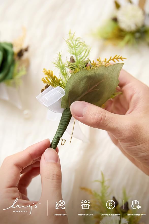 Ling's Moment Boutonniere for Men, 6pcs Groom Groomsmen Boutonniere, Artificial Flowers for Wedding Decor/Prom/Homecoming, etc.Emerald Green Beige