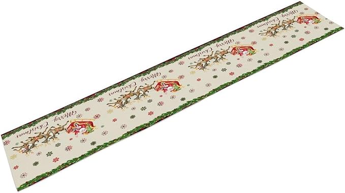 Christmas Table Runner,Xmas Deer Cute Santa Claus Red Plaid Pattern Printed Tablecloth Burlap for Hotel Indoors Outdoor Dining Room Kitchen Home Decor,W13X L60 in