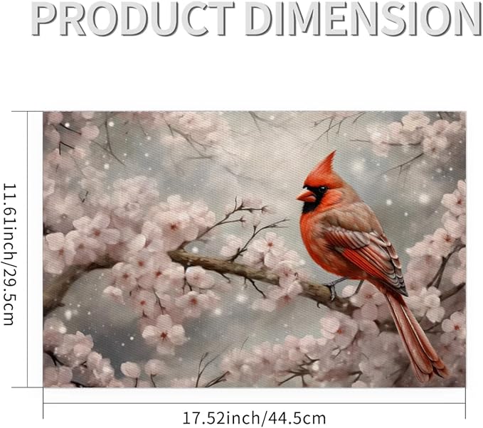 PVC Placemats Set of 1 Winter Red Cardinal Flower Wipeable Table Mats Washable Heat Resistant Non Slip Vinyl Dining Table Mat for Kithen Indoor Outdoor Patio Farmhouse Place Mats Decorative