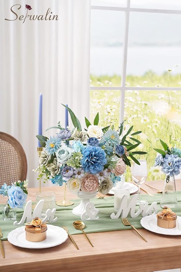 Serwalin Artificial Flowers Blue Silk Fake Flowers Cake Flowers for DIY Wedding Bouquets Bridal Shower Centerpieces Floral Arrangements Party Home Decorations
