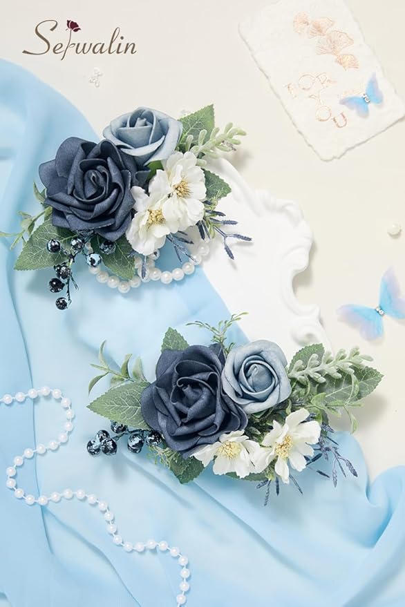 Serwalin Dusty Blue Corsage and Boutonniere Set 2pcs, 6-7inch Boutonniere and Wrist Corsage Wristband Prom Flower Wedding Flowers Accessories Prom Suit Decorations Cake Tppper