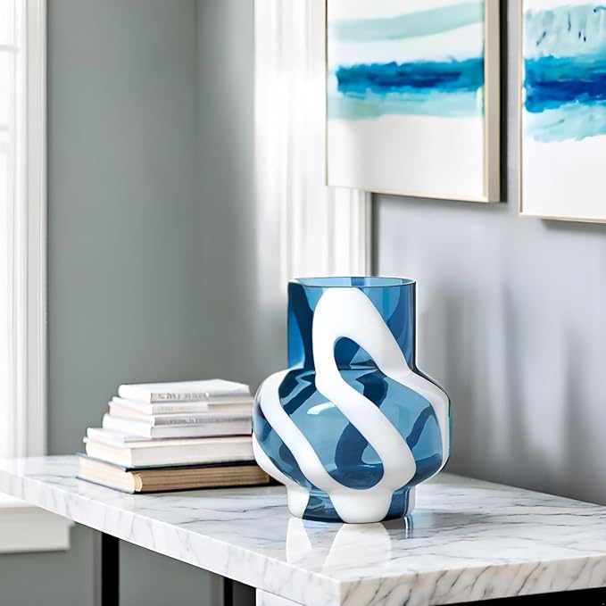 Torre & Tagus 8" White Striped Blue Vase for Flowers - Hand Blown Blue & White Art Glass Vase Modern Home Decor, Large Table Centerpiece for Living Room Consoles, Dining Tables, Modern Art Displays
