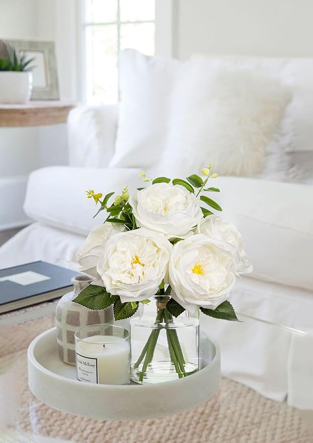 Hollyone Real Touch Peonies Artificial Flowers Arrangements in Vase White Fake Peonies with Glass Vase Silk David Austin Roses Faux Flowers with Clear Faux Water Bouquet Table Centerpiece Home Decor