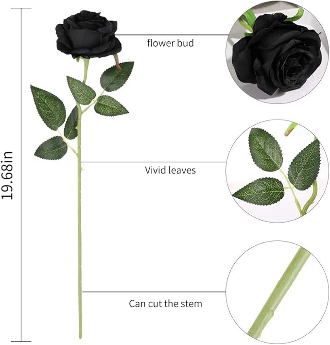Laelfe 12 PCS Artificial Flowers Black Roses, Fake Silk Flower Long Stem Artificial Rose for Halloween Home Wedding Party Decorations(Black)