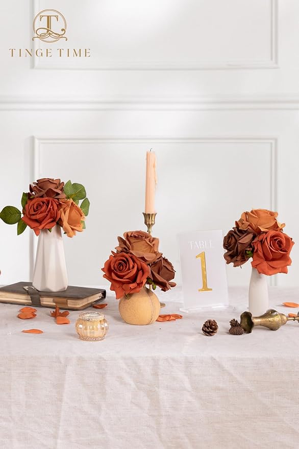 TINGE TIME Artificial Flowers Combo Box Set 16pcs Fake Rose Silk Flower with Stem for DIY Wedding Bouquets Centerpieces Baby Shower Party Home Fall Decoration (Gradient Terracotta)