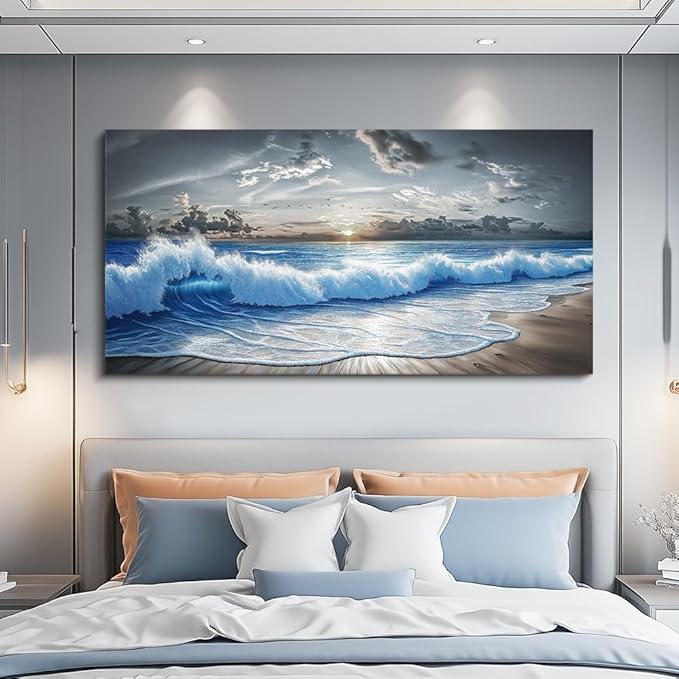 PHAOHUAXM Large Canvas Wall Decor For Living Room Wall Art For Bedroom Office Dining room Decor Modern Black White And Blue Ocean Wave Painting Printed Artworks Wall Pictures Home Decor 24"X48"