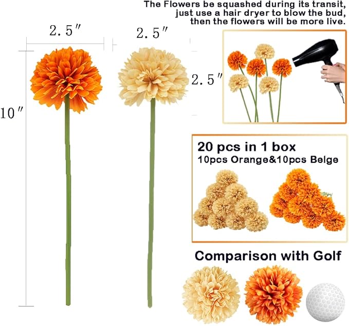 20Pcs Artificial Fake Flower Plants Silk Chrysanthemum Ball Hydrangea Arrangements Wedding Bouquets Decor Home Kitchen Garden Party Table Floral Centerpieces DIY (Beige&Orange)