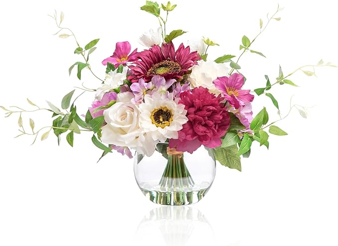 Artificial Flowers Centerpieces in Glass Vase with Fake Water, Silk White Rose Sunflowers Peony Bouquet with Vase for Birthday Party Wedding Dinning Table Office Hotel Decor (Fuchsia Mixed Plus)