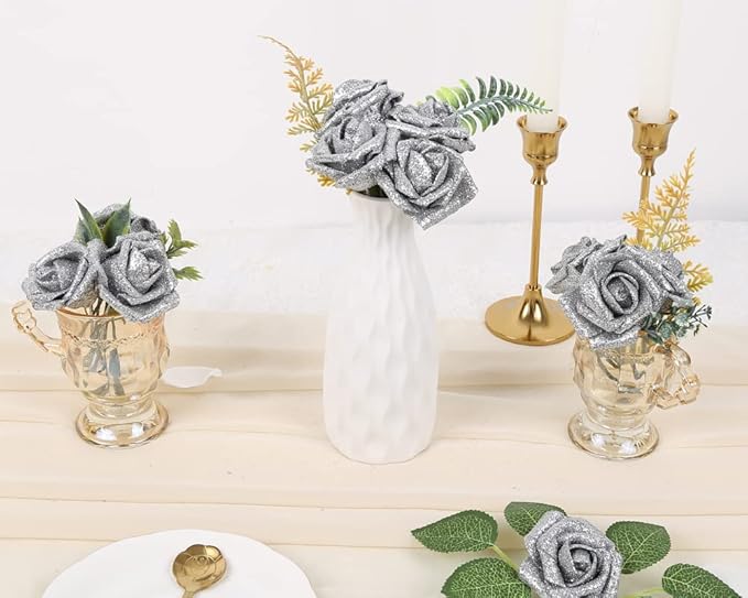 IPOPU Silver Roses Artificial Flowers,50pcs Glitter Flowers Fake Foam Roses with Stem for DIY Wedding Bridal Bouquet Home Party Christmas Decoration(Silver)
