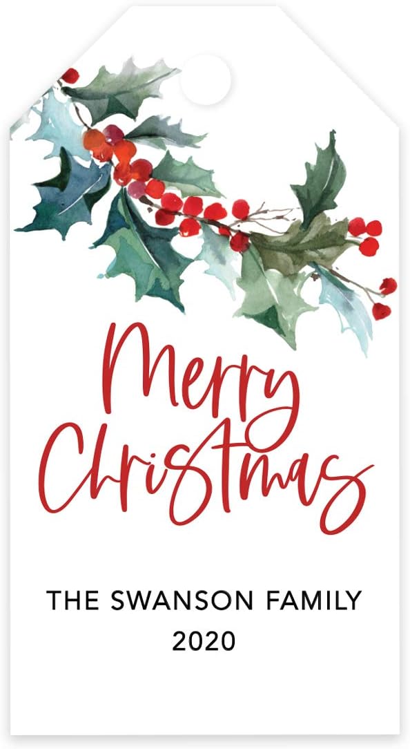Andaz Press Personalized Christmas Holiday Season Classic Gift Tags, Merry Christmas Custom Family Name and Year, Watercolor Holly Branch Leaves Design, for Holiday Events, Parties, Favors, 60-Pack