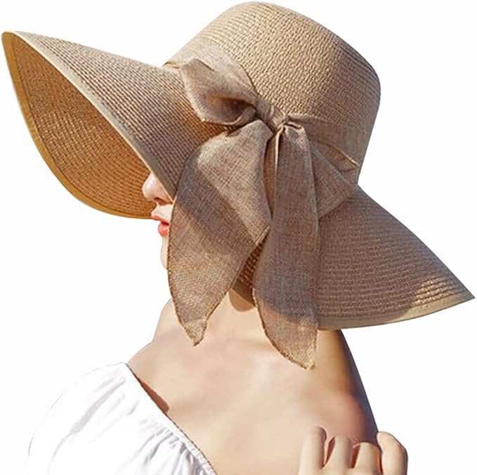DRESHOW Beach Hats for Women Big Straw Wide Brim Summer Hat Floppy Foldable Roll up Cap Sun Hat UPF 50+