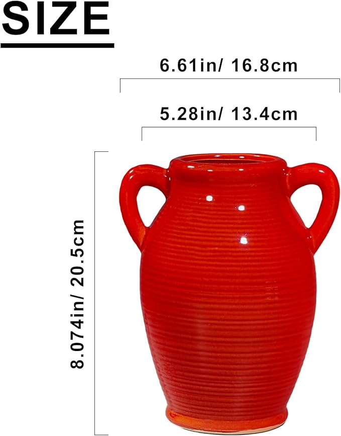 Sunddo Red Flower Vase for Home Decor, Modern Ceramic Vase for Centerpieces, Decorative Vase with 2 Handles, Kitchen, Bedroom, Office, Living Room & Bathroom, Shelf Decor, 8 Inch