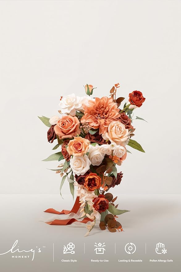 Ling's moment Terracotta Bridal Bouquet Cascading, Burnt Orange Wedding Bouquets for Bride, 13 Inch Bride Bouquets for Wedding Artificial Flowers Bouquets
