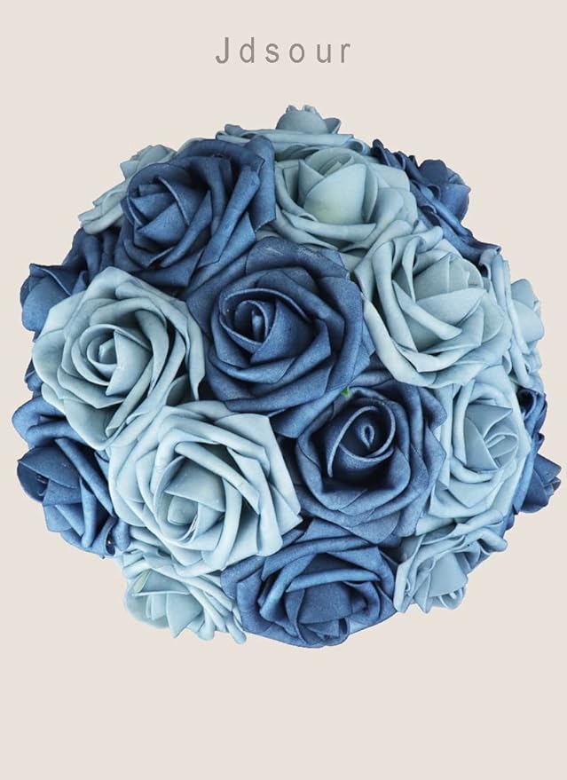 50pcs Artificial Flower，Real Touch Foam Roses w/Stem DIY for Wedding Bouquet Centerpieces Party Shower Home Decor-Dusty Blue Shades