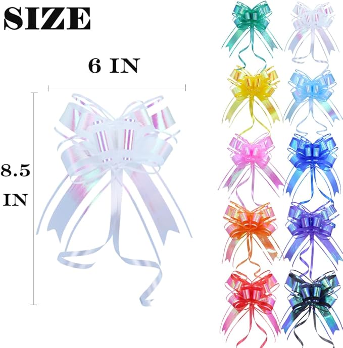 Bows for Gift Wrapping, Iridescent Colorful Pull Bow Assortment (10 Unique Colors, 6 Inches), Perfect Decoration for Gift Basket, Boxes, Birthdays, Weddings, Christmas, Easter