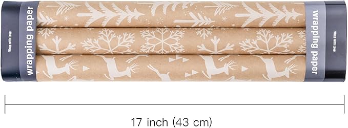 WRAPAHOLIC Kraft Christmas Wrapping Paper Roll - Mini Roll - 3 Rolls - 17 Inch X 120 Inch Per Roll - White Christmas Tree, Reindeer, Snowflake Holiday Collection