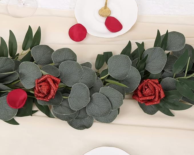 IPOPU Red Roses Artificial Flowers, 25pcs Foam Glitter Roses Fake Roses with Stem for DIY Wedding Bridal Bouquet Home Party Decoration(Red)