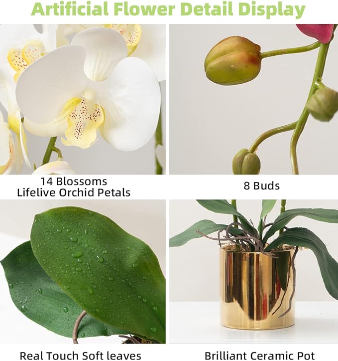 Artificial Orchid Flowers White Faux Orchids with Ceramic Vase Vivid Fake Phalaenopsis Flower Arrangement Gorgeous Artificial Plants for Office Desk Wedding Party Exhibition Center & Home Table Decor