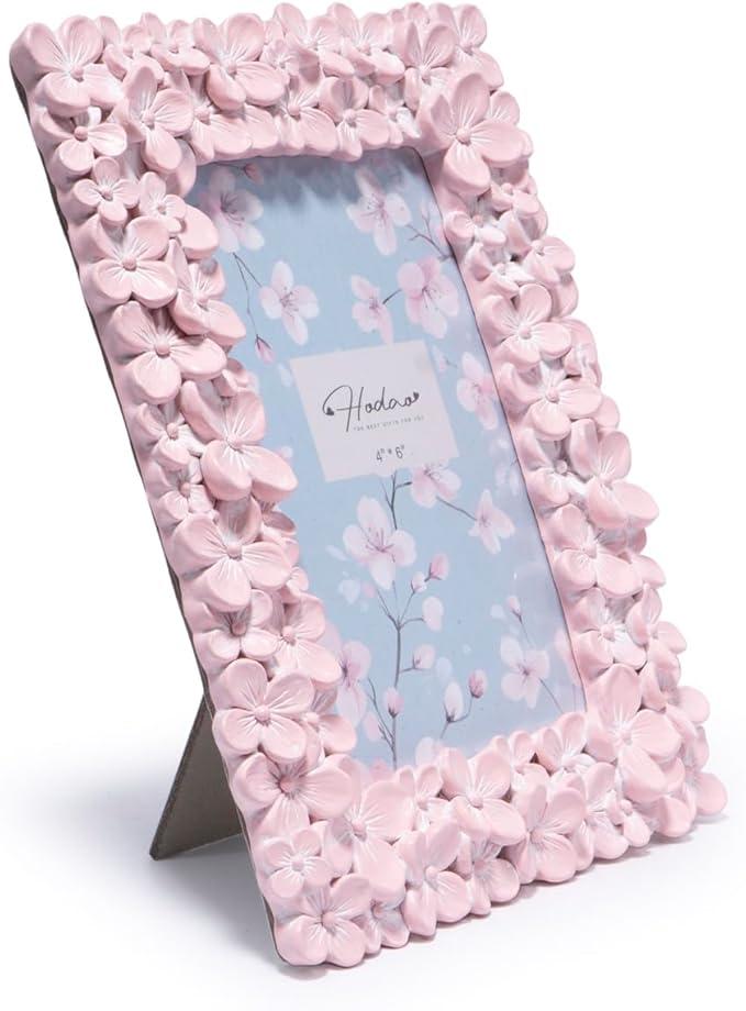 Hodao 4×6 Pink Floral Picture Frame — Handcrafted Textured Flower Picture Frame with Plastic Photo Cover & Built-In Easel for Tabletop Display, Decorative Home Décor, Nursery & Photo Keepsake