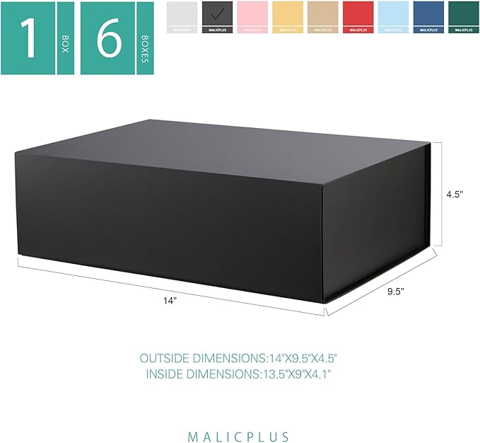 6 Large Gift Boxes with Lids 13.5x9x4.1 Inches, Black Groomsmen Proposal Gift Box with Magnetic Closure for All Occasion (Matte Black)