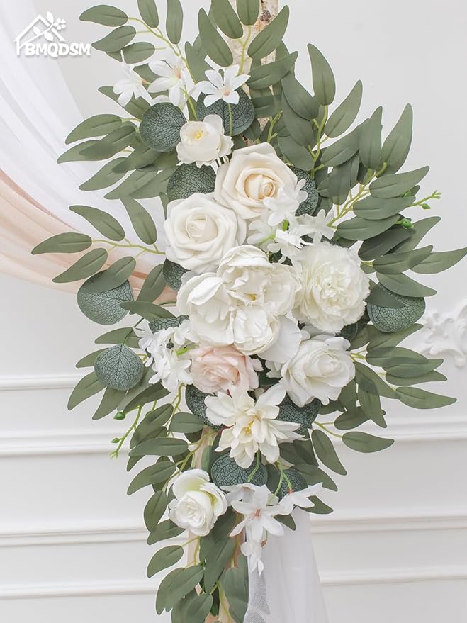 Faux Flowers Arch Flowers with Drapes (Set of 4) Wedding Decor and Wedding Arch Draping Artificial Flower Arrangements Decorations for Reception (White)